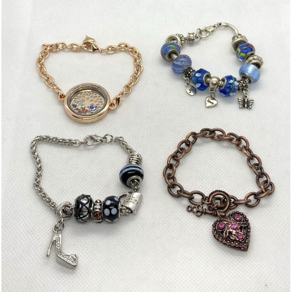 Vintage - Now Lot of 4 Charm Bracelet Heart Locket Rhinestone Glass Blue Love